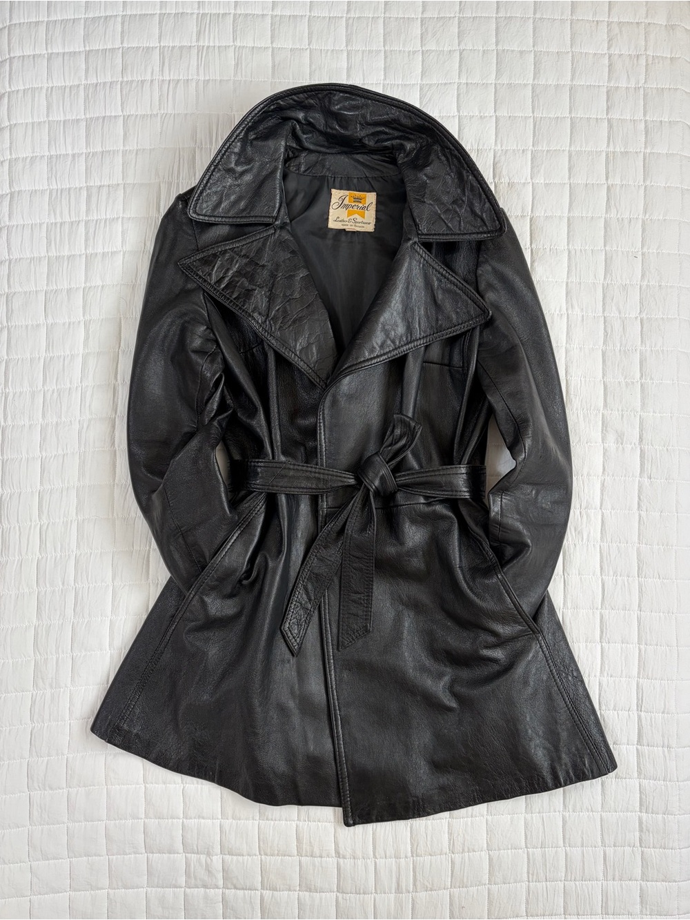 VTG Imperial Black Leather Women's Belted Trench Coat Jacket Size 13/14 Retro
